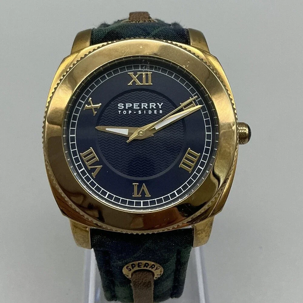 Sperry Top-Sider Mens Watch 38mm Blue Dial Gold Tone Plaid Strap New Battery